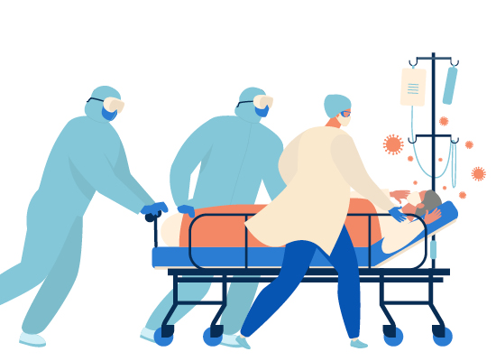 Iconography of sick patient being wheeled in