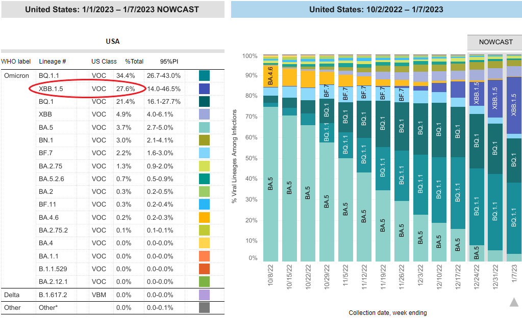 A graph showing that the kraken variant currently makes up about 27% of new COVID-19 infections in the U.S.