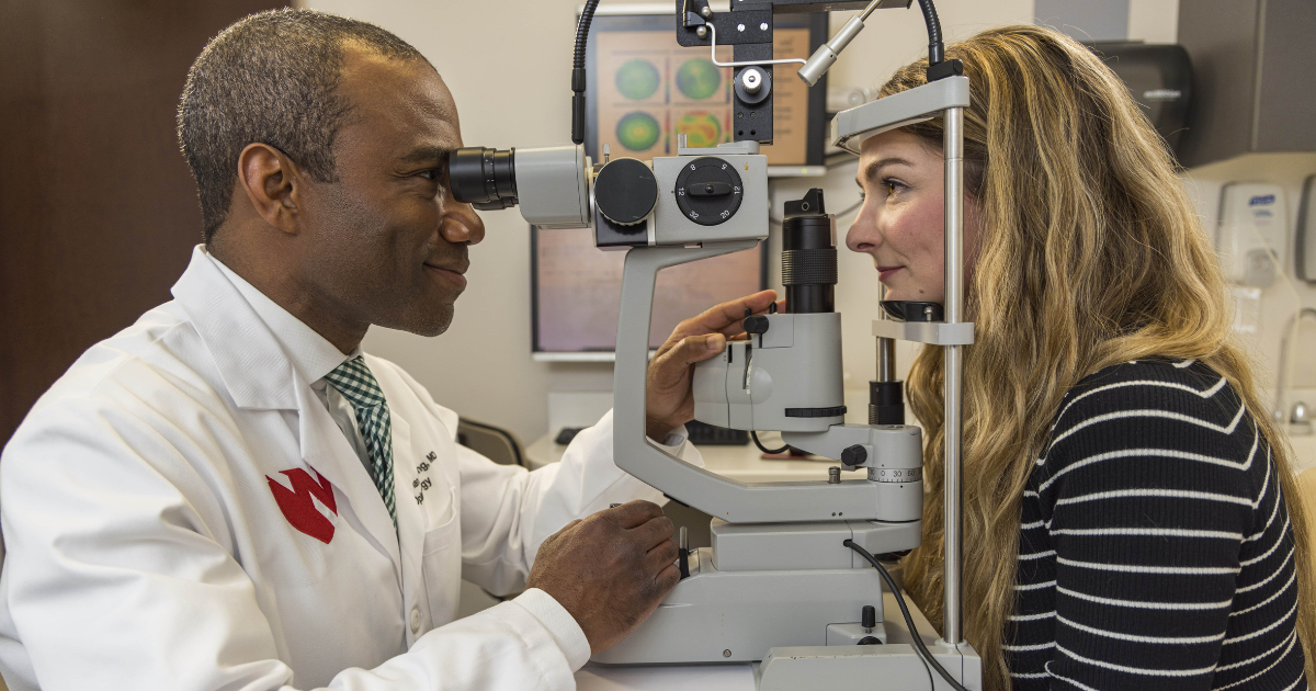 Woman receiving an eye exam