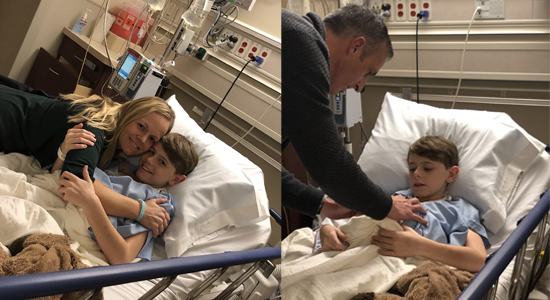 (LEFT) Mom Jenn gives Joseph a tight hug before surgery. (RIGHT) Transplant surgeon David Mercer, MD, with Joseph in pre-op.