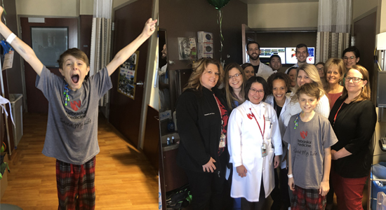 (LEFT) Finally, Joseph gets to go home! (RIGHT) Pictured with Joseph is the liver team on rounds when he was discharged. Transplant surgeon Wendy Grant, MD, is far right.