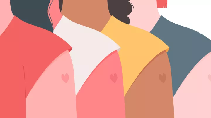 Graphic of a line of women with hearts on their upper arm